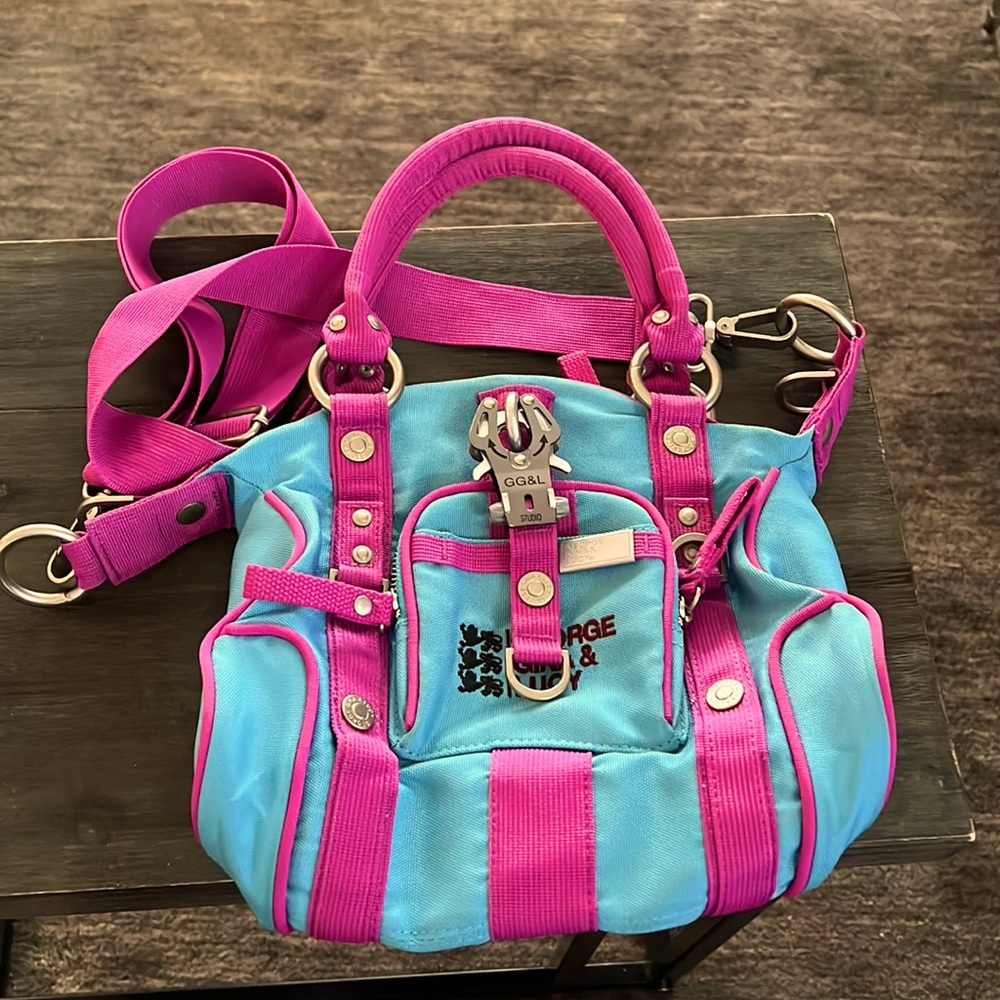 George Gina and Lucy small canvas satchel in bright pink and azure blue.
